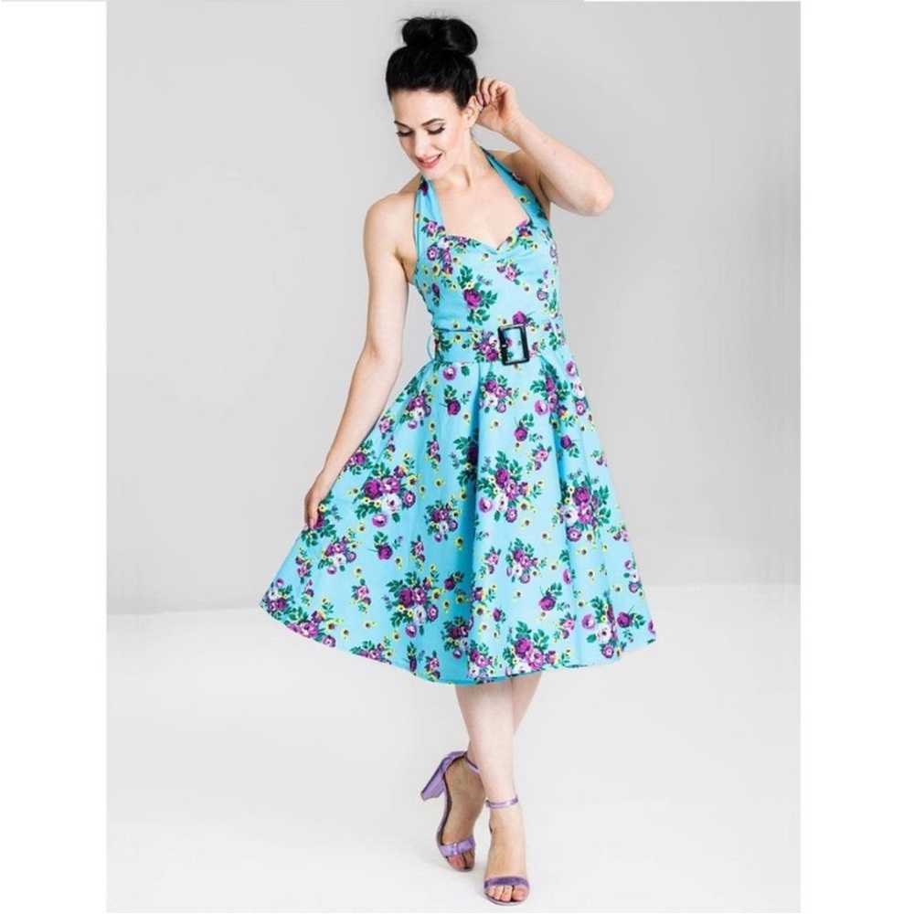 Hell Bunny Vixen Floral XS Stretch Swing Pinup Dress Blue